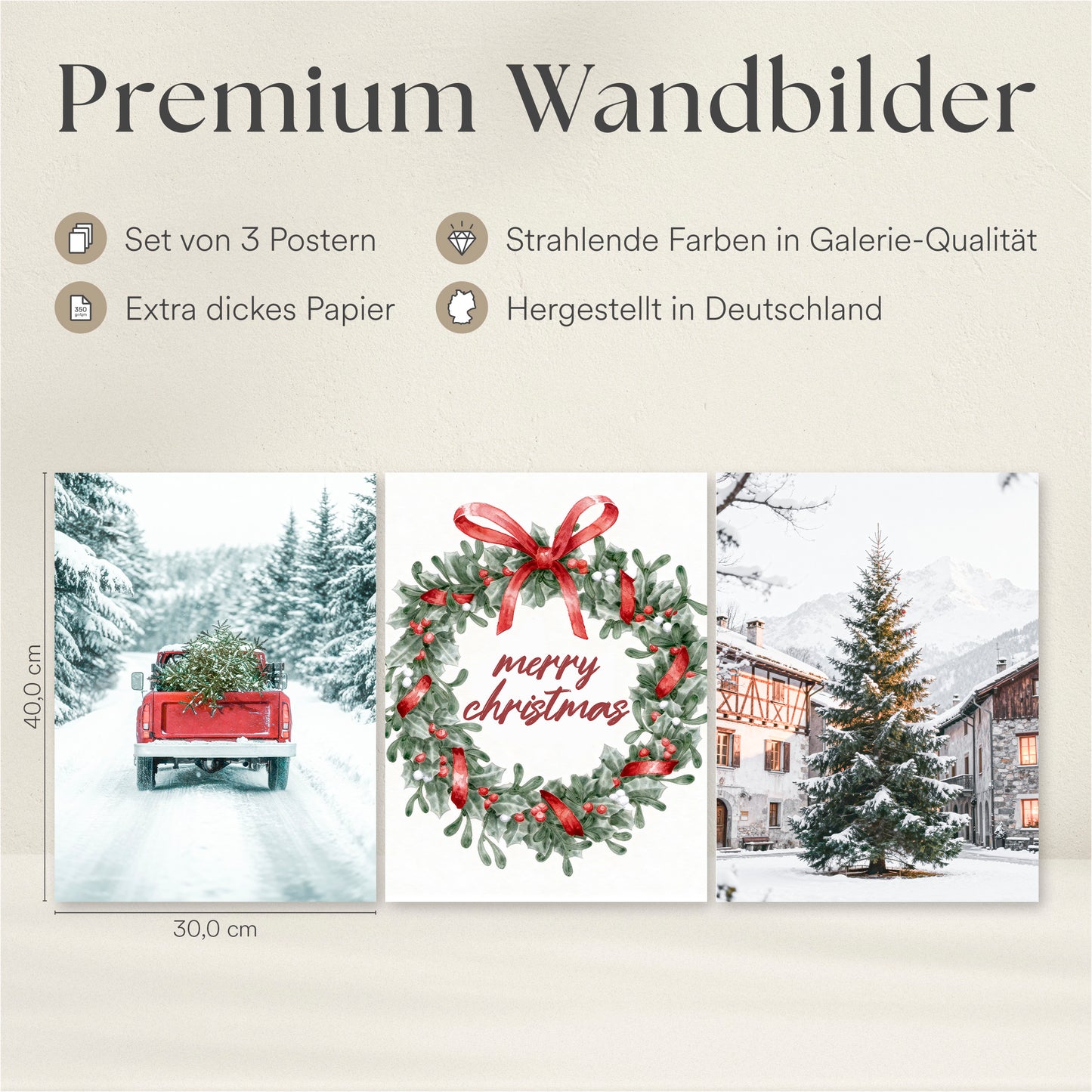 Poster Set - Merry Christmas - 3 Deko Wandbilder Weihnachten Schnee Winter