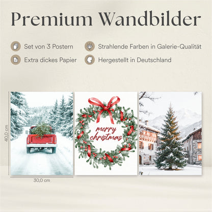 Poster Set - Merry Christmas - 3 Deko Wandbilder Weihnachten Schnee Winter