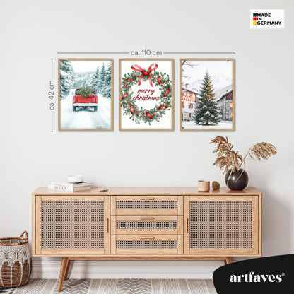 Poster Set - Merry Christmas - 3 Deko Wandbilder Weihnachten Schnee Winter