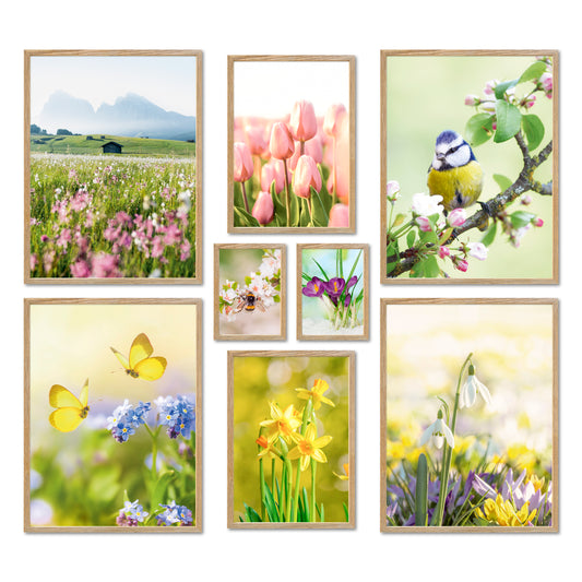 Poster Set - Frühlingserwachen - Deko Wandbilder frühling, tiere, natur, bunt, grün, gelb, blumen