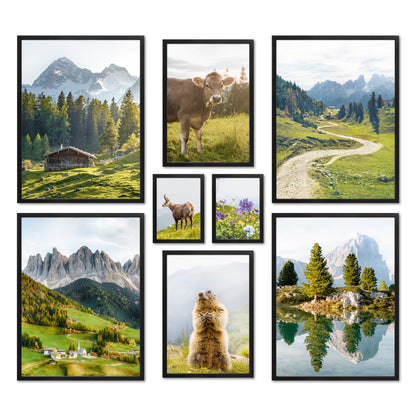 Poster Set - In den Bergen - Deko Wandbilder frühling, tiere, natur, bunt, grün, berge