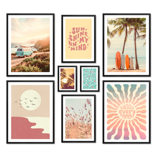 Poster Set - Summer Trip - Deko Wandbilder sommer, bunt, meer, pastell, strand, roadtrip, sonne, surfing