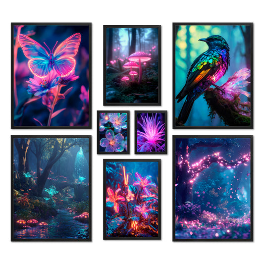 Poster Set - Futuristic Neon Forest - Deko Wandbilder lila, avatar, biolumineszenz, wald, futuristisch