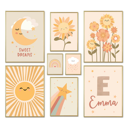 Poster Set - Happy Kids Nature - Deko Wandbilder kinderzimmer, pflanzen, mond, sonne, pastell