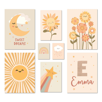 Poster Set - Happy Kids Nature - Deko Wandbilder kinderzimmer, pflanzen, mond, sonne, pastell