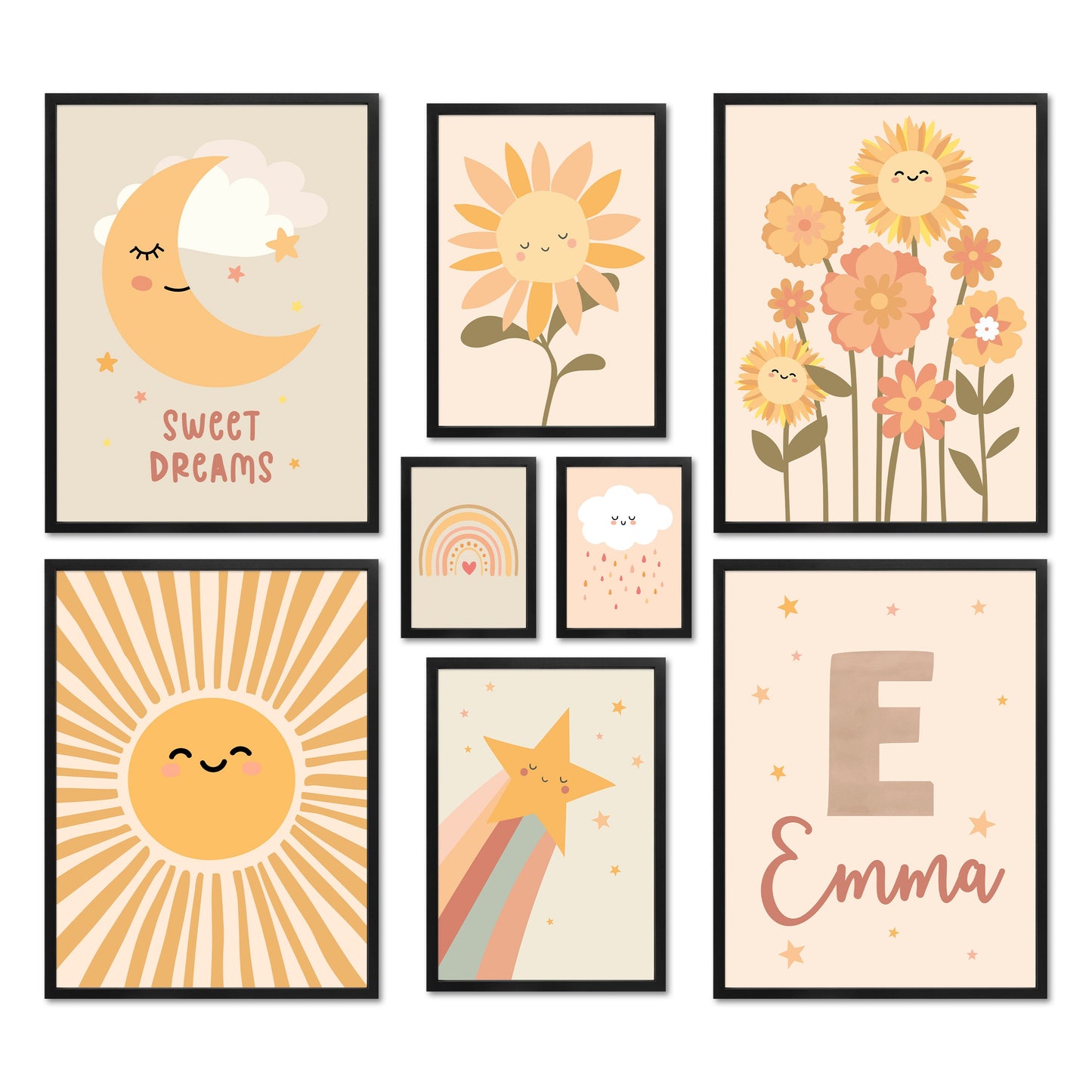 Poster Set - Happy Kids Nature - Deko Wandbilder kinderzimmer, pflanzen, mond, sonne, pastell