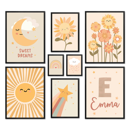 Poster Set - Happy Kids Nature - Deko Wandbilder kinderzimmer, pflanzen, mond, sonne, pastell