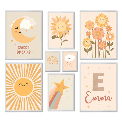 Poster Set - Happy Kids Nature - Deko Wandbilder kinderzimmer, pflanzen, mond, sonne, pastell