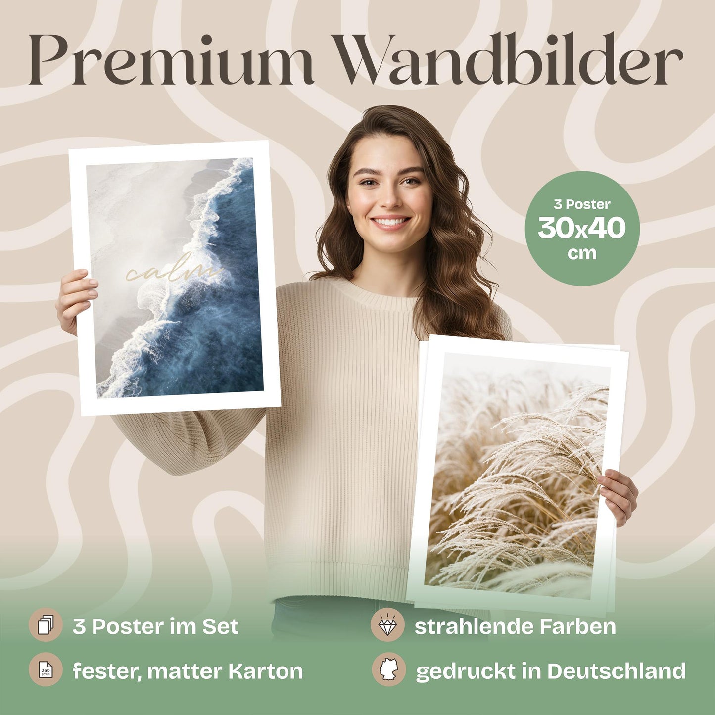Poster Set Beige Blue Calmness Trio Bilderwand Wandbilder Elegant ARTFAVES