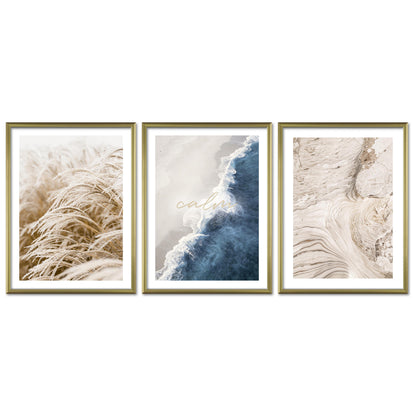 Poster Set Beige Blue Calmness Trio Bilderwand Wandbilder Elegant ARTFAVES