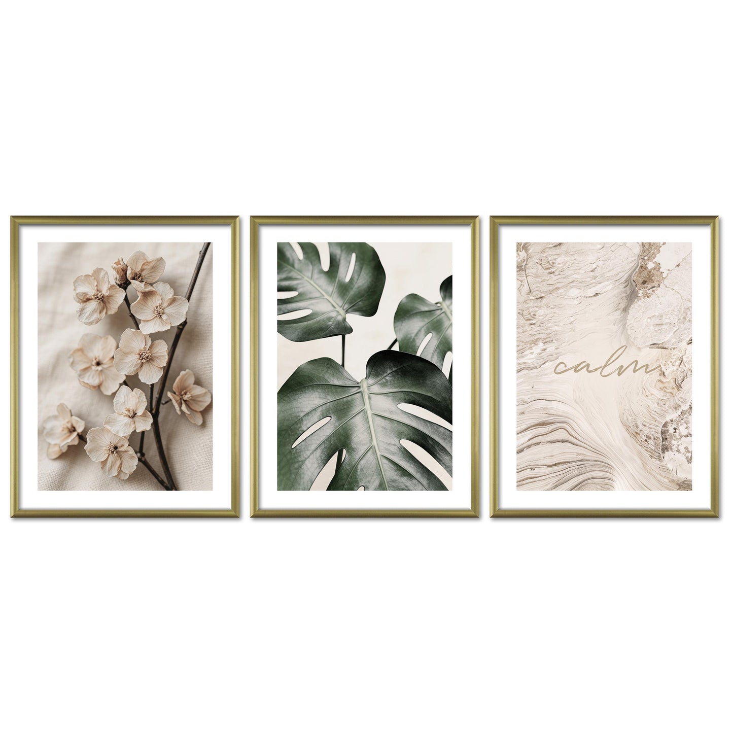 Poster Set Beige Green Calmness Trio I mehrteilige Bilderwand I Wandbilder Elegant