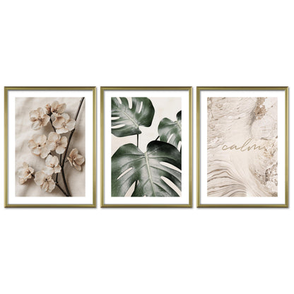 Poster Set Beige Green Calmness Trio I mehrteilige Bilderwand I Wandbilder Elegant