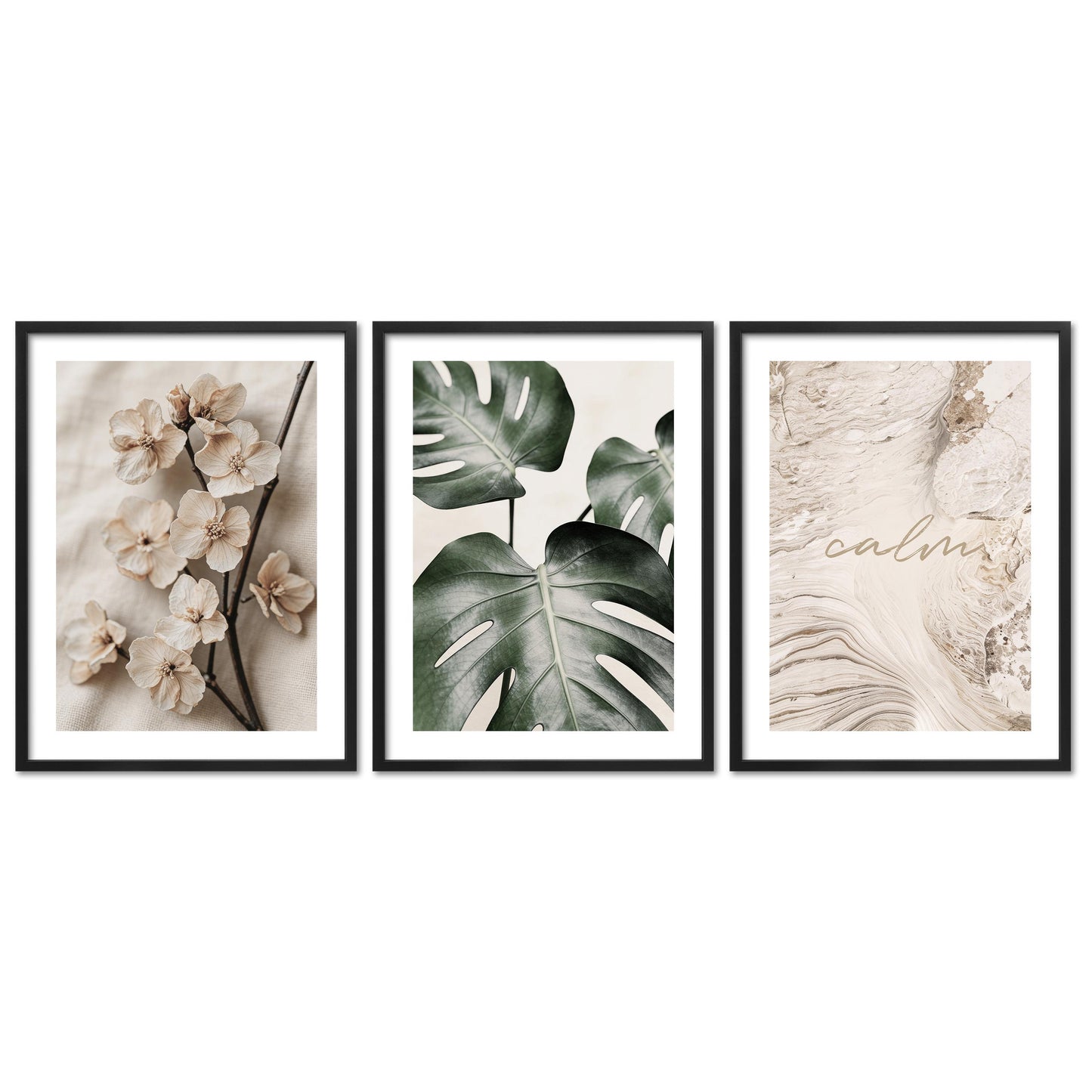 Poster Set Beige Green Calmness Trio I mehrteilige Bilderwand I Wandbilder Elegant