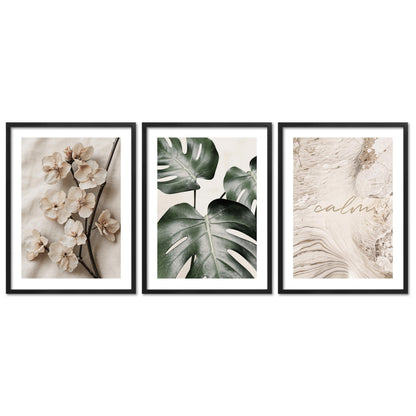 Poster Set Beige Green Calmness Trio I mehrteilige Bilderwand I Wandbilder Elegant