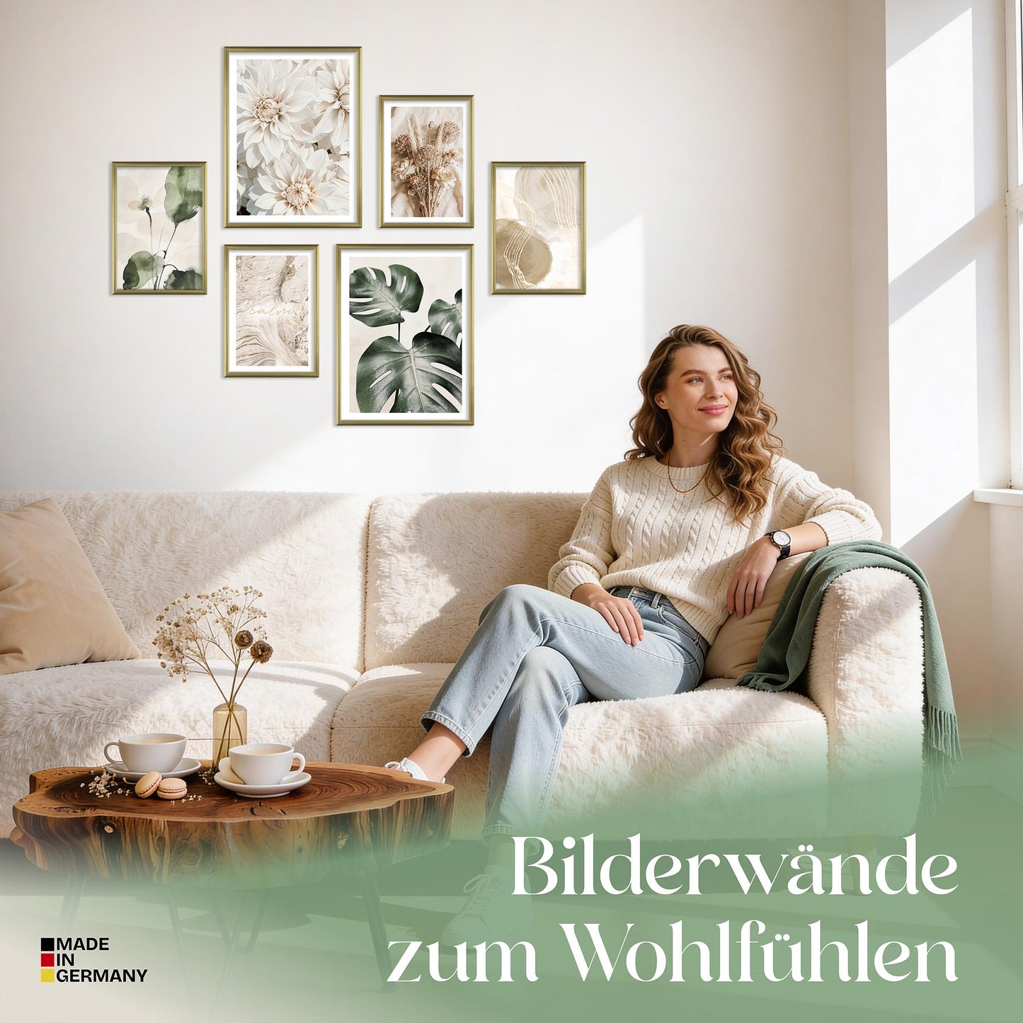Poster Set Beige Green Calmness Bilderwand Wandbilder Monstera ARTFAVES