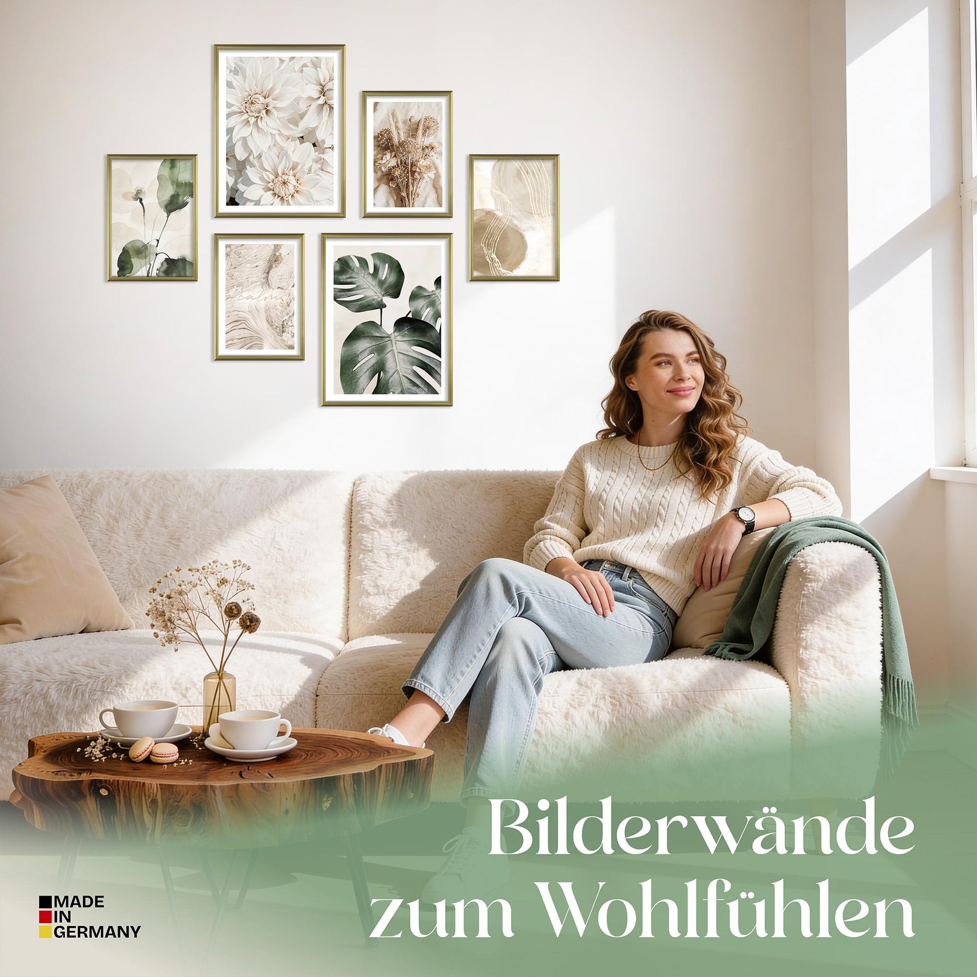 Poster Set Beige Green Calmness Bilderwand Wandbilder Monstera ARTFAVES