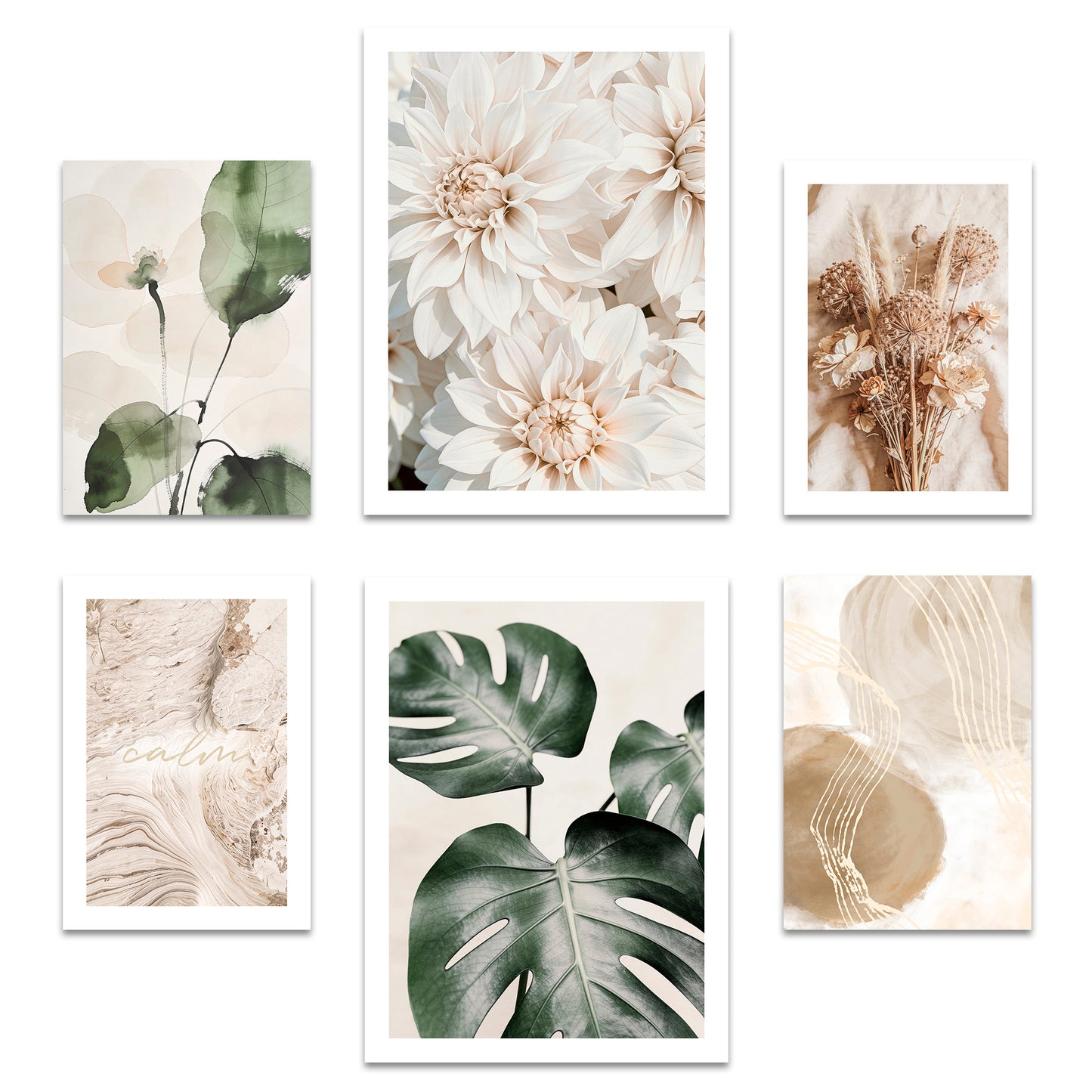 Poster Set Beige Green Calmness I mehrteilige Bilderwand I Wandbilder Monstera