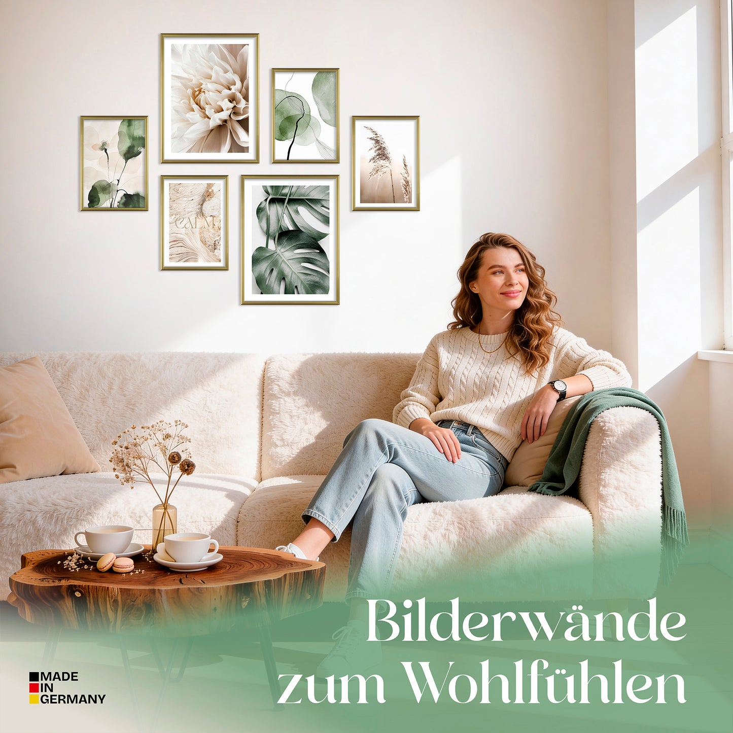 Poster Set Beige Green Calmness Bilderwand Wandbilder Monstera ARTFAVES