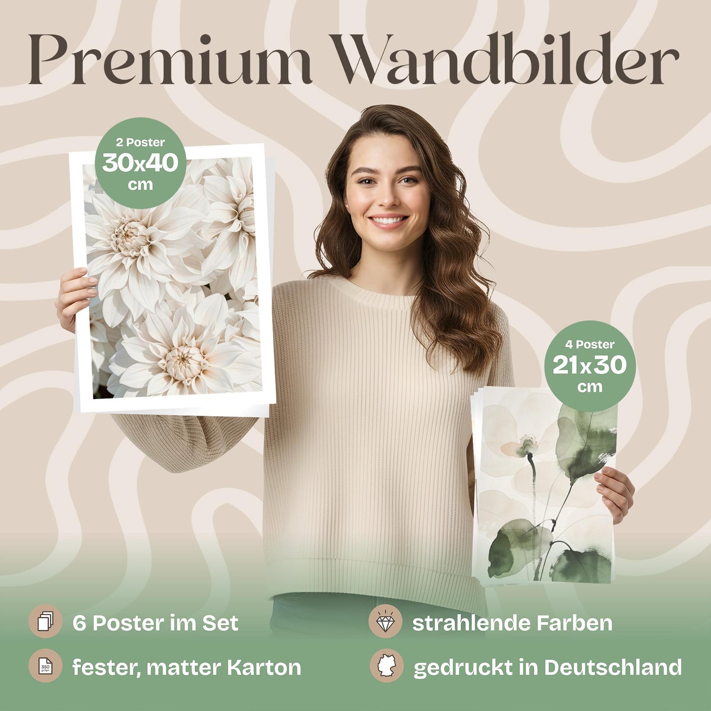 Poster Set Beige Green Calmness Bilderwand Wandbilder Monstera ARTFAVES