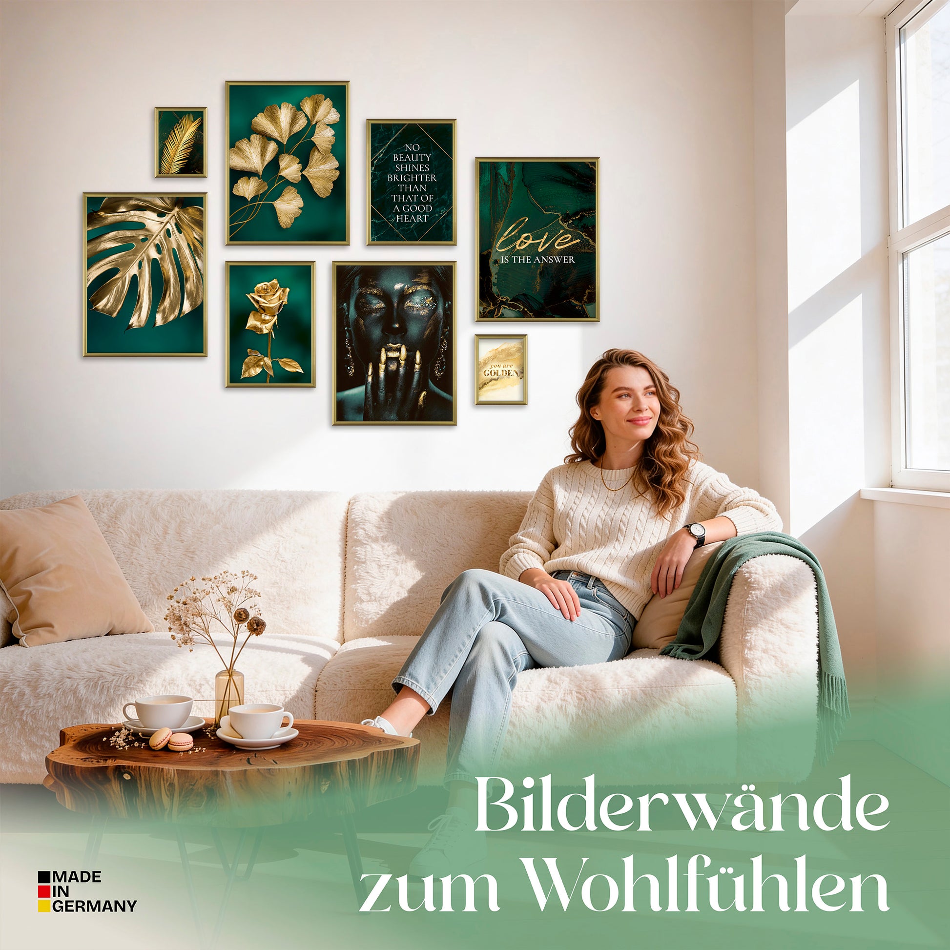 Poster Set Golden Leaves Bilderwand Wandbilder Petrol ARTFAVES
