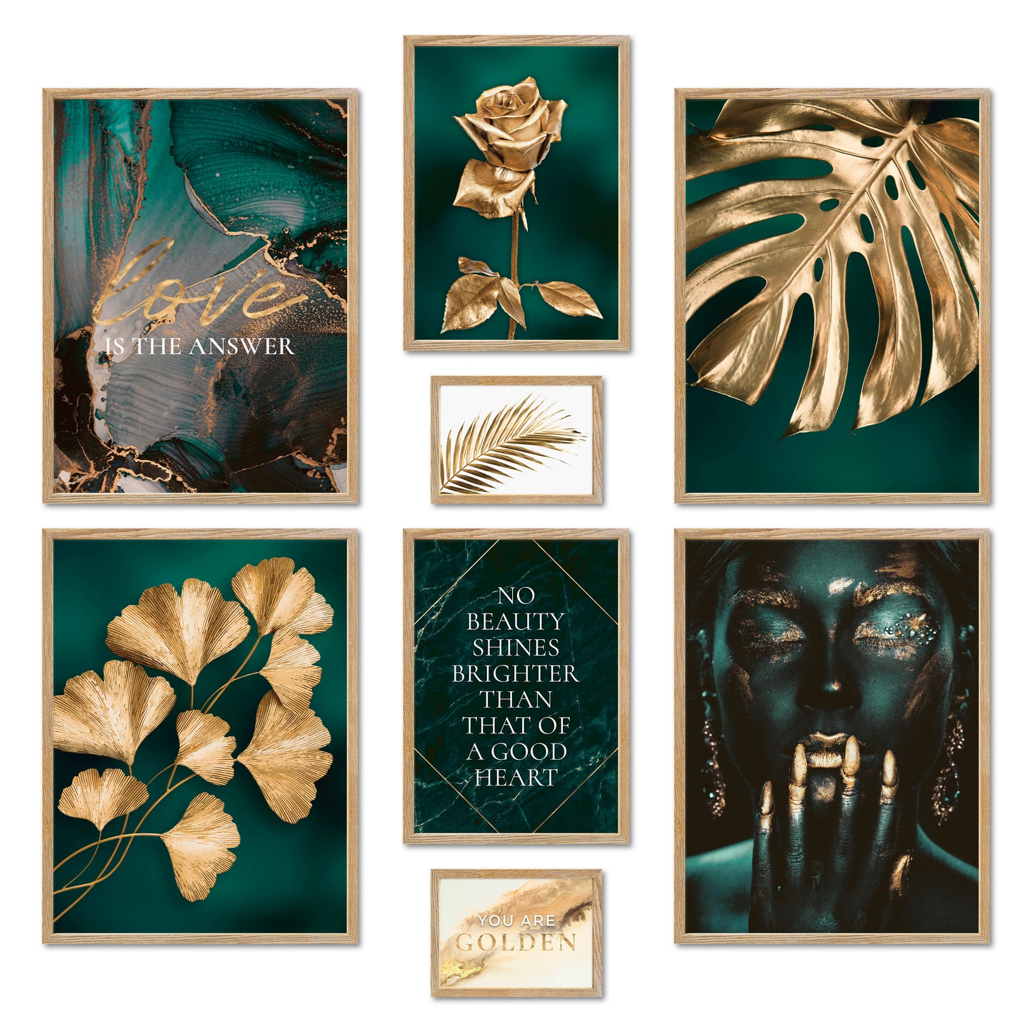 Poster Set - GOLDEN LEAVES I Plant Wall Art Green-Petrol-Gold
