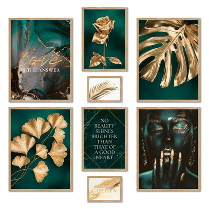 Poster Set - GOLDEN LEAVES I Plant Wall Art Green-Petrol-Gold
