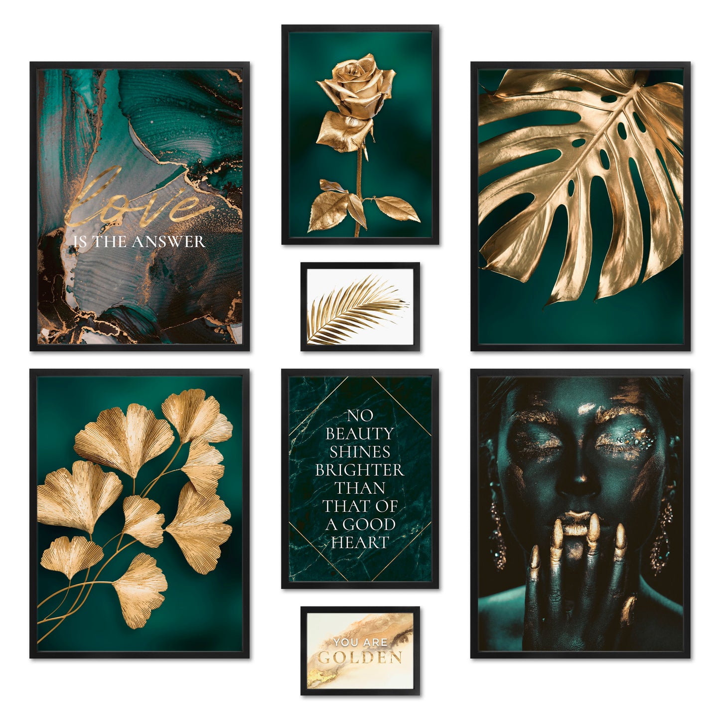 Poster Set - GOLDEN LEAVES I Plant Wall Art Green-Petrol-Gold