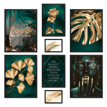 Poster Set - GOLDEN LEAVES I Plant Wall Art Green-Petrol-Gold