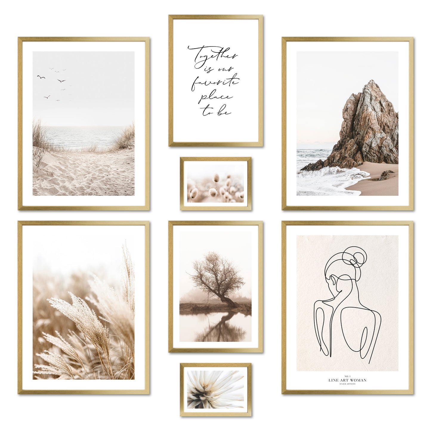 Poster Set - BEIGE HARMONY I Boho Deco Wall Art Line Art Pampas Grass