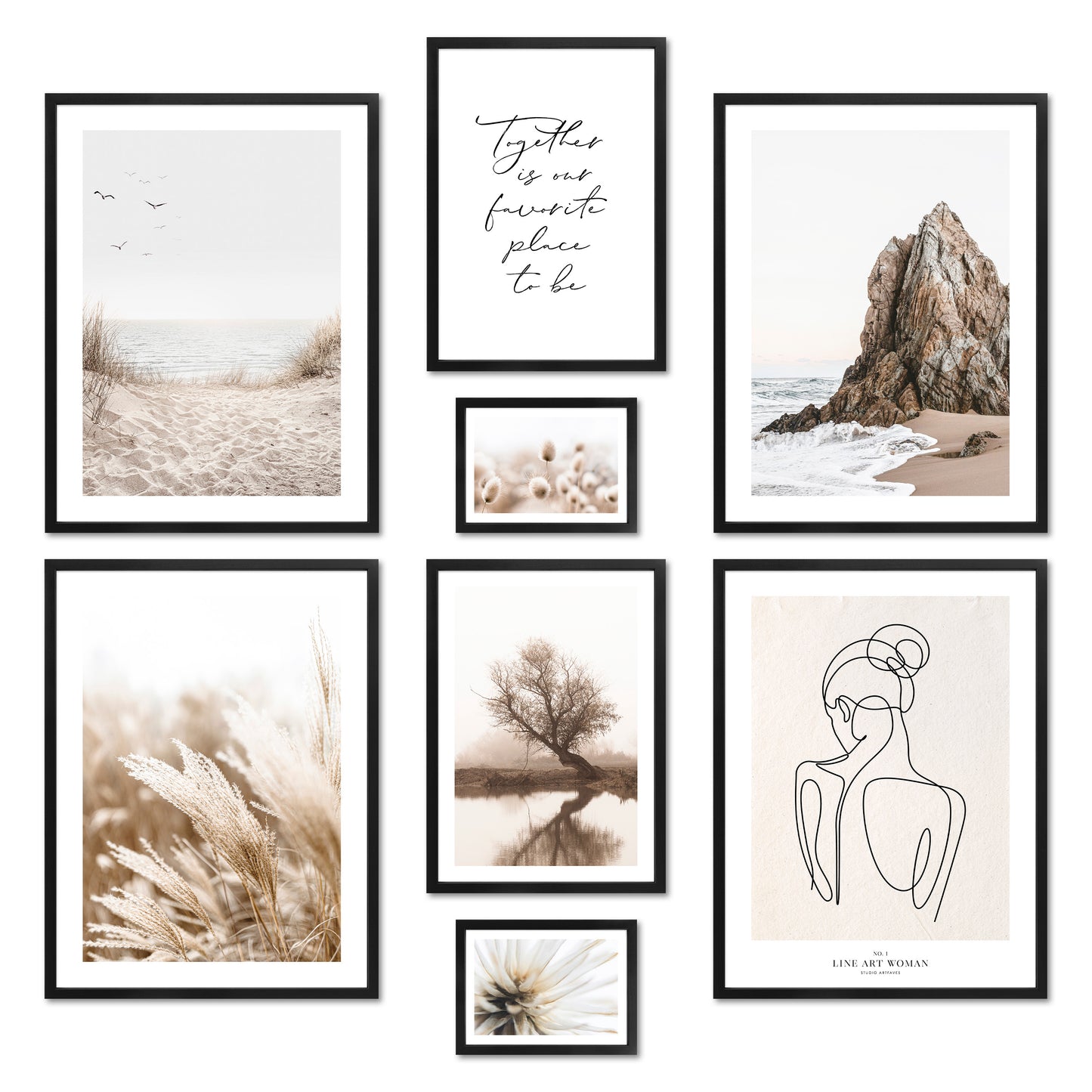 Poster Set - BEIGE HARMONY I Boho Deco Wall Art Line Art Pampas Grass