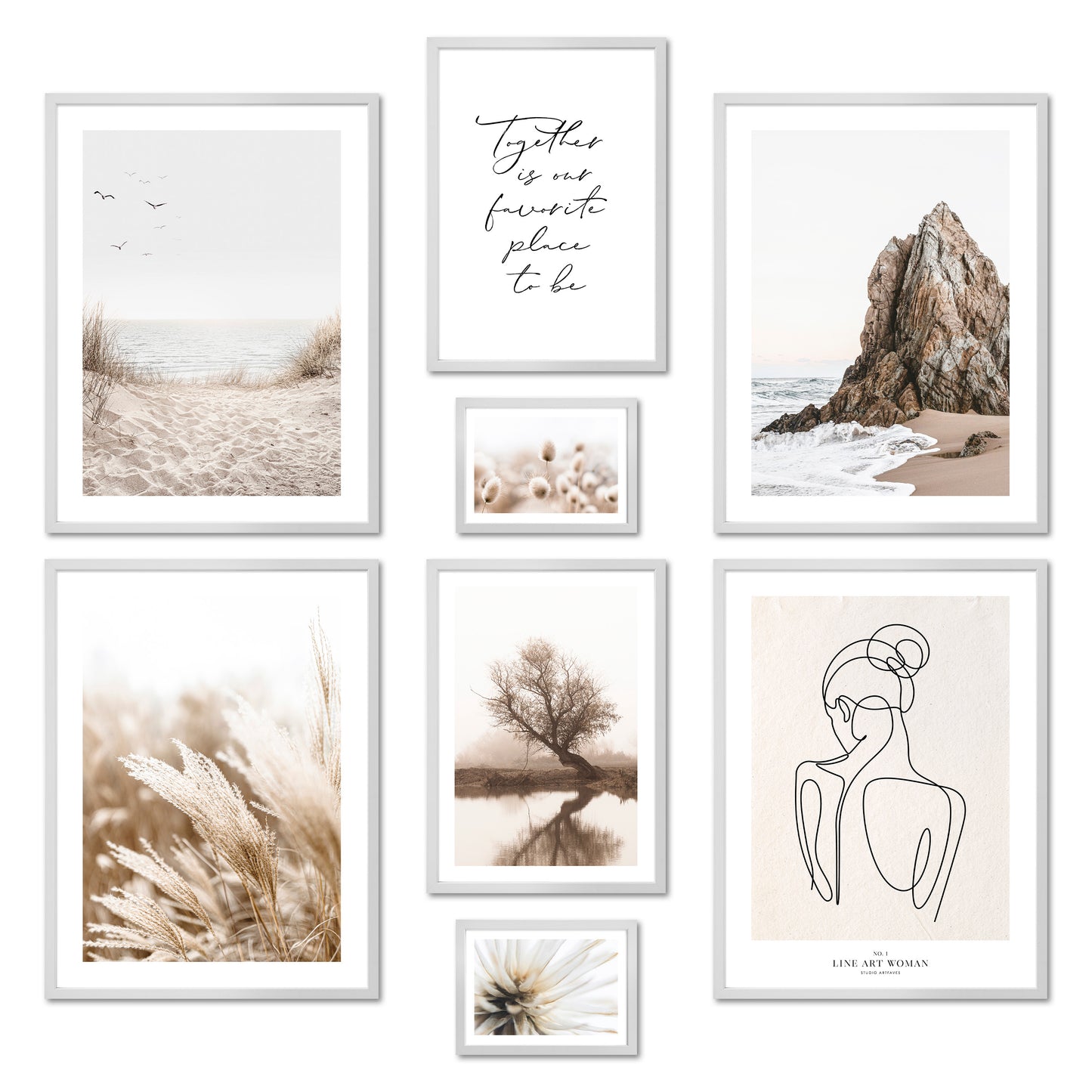 Poster Set - BEIGE HARMONY I Boho Deco Wall Art Line Art Pampas Grass