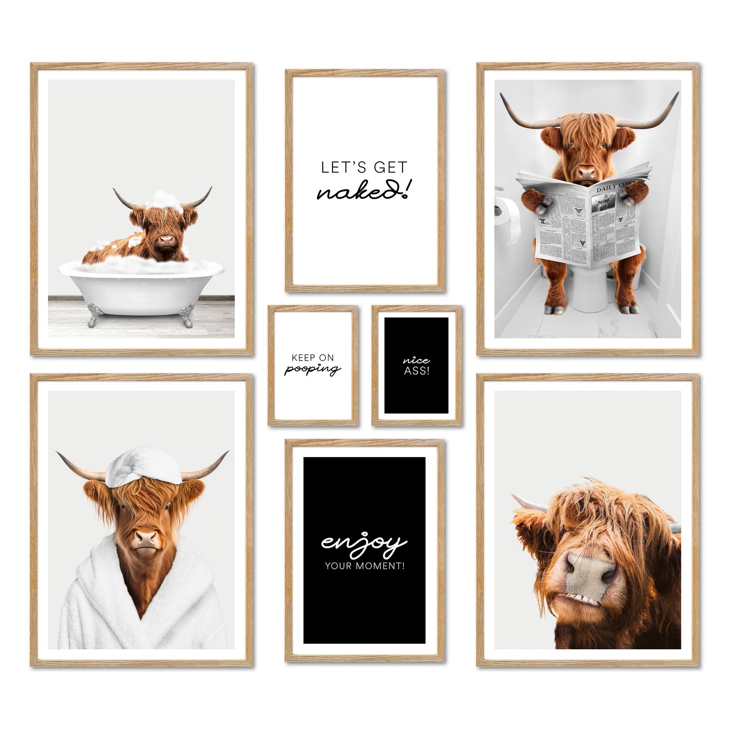 Poster Set - FUNNY BATHROOM I Bathroom Wall Art Funny Cow Highland Cattle