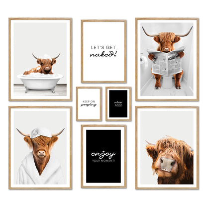 Poster Set - FUNNY BATHROOM I Bathroom Wall Art Funny Cow Highland Cattle