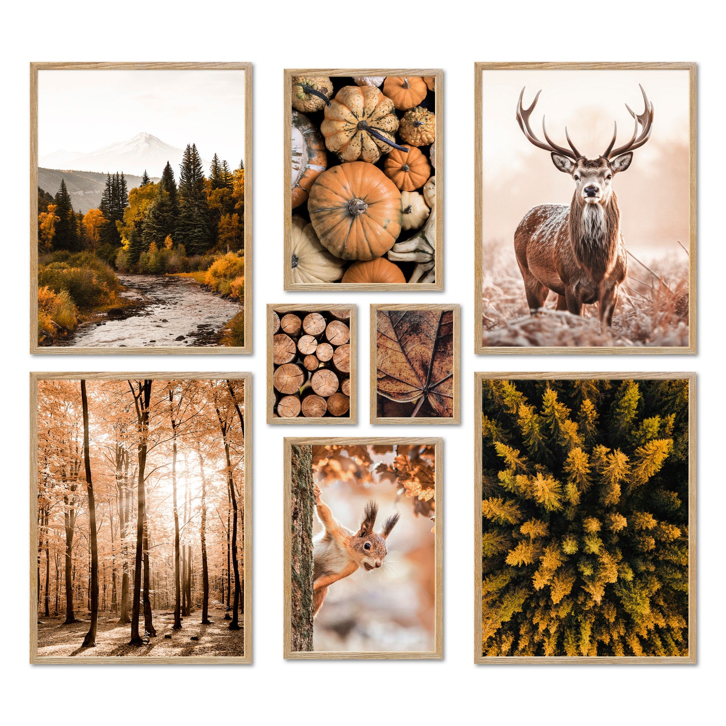 Poster Set - AUTUMN FOREST I Herbst Deko Wandbilder - mit Rahmen Eiche